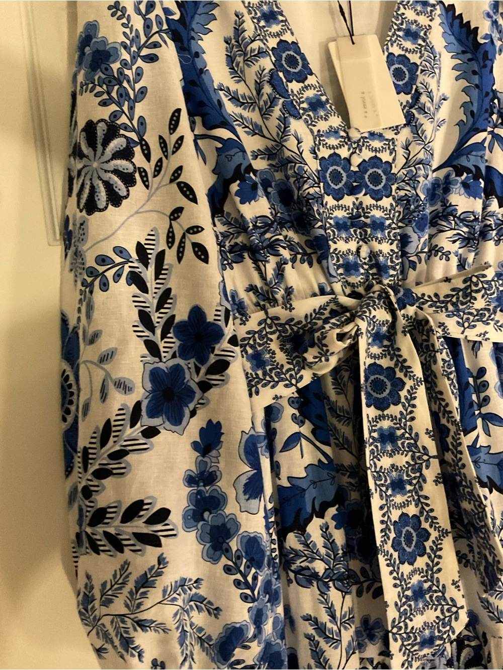 Blue and White Floral Maxi Dress with Waist Tie - Picture 6 of 9